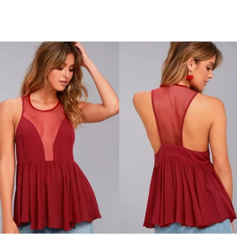 Intimately Free People Marble Sheer Racerback Cami Peplum Top Tank Raspberry XS